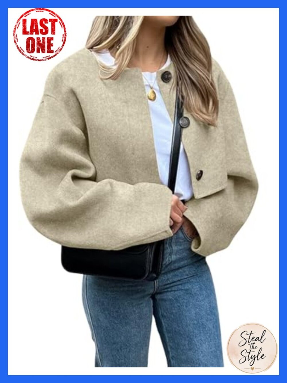 Wool Blend Cropped Pea Coat Button Down Long Sleeve Shacket